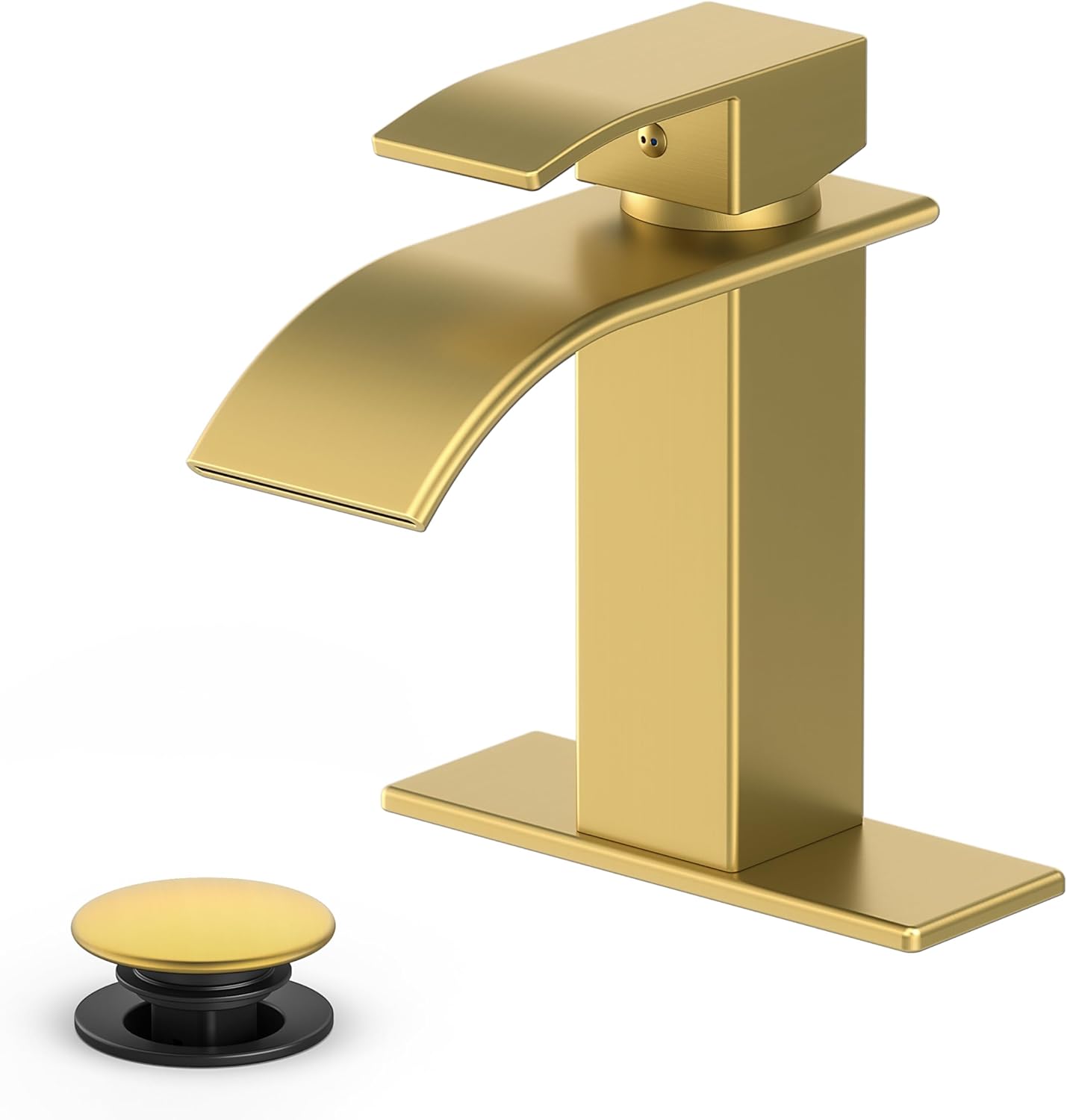 Bathroom Faucet Brushed Gold Modern Waterfall Bathroom Sink Faucet with Single Handle Suitable for 1 or 3 Holes,Supply Deck Plate and Hose… Brushed Gold Short