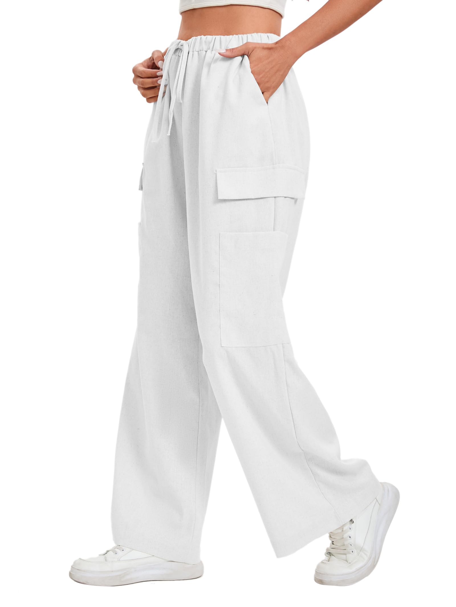 FamulilyLinen Wide Leg Pants for Women Casual High Waist Drawstring Baggy  Cargo Pants with Pockets S-XL