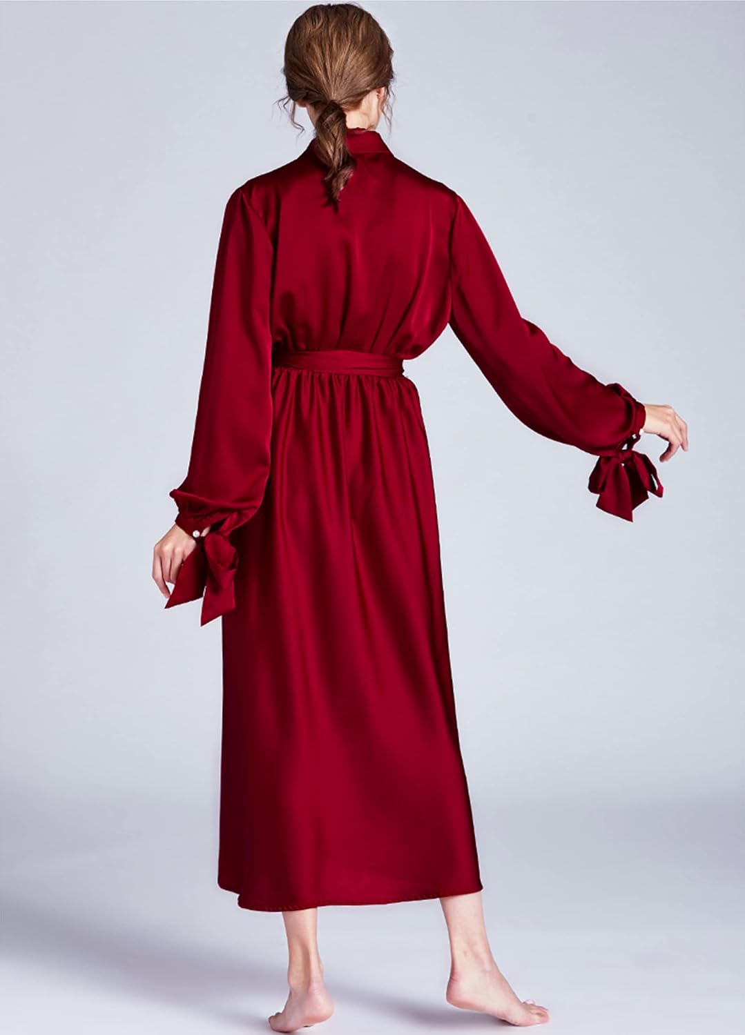 CYGE Women's V Neck Sexy Nightgrow Pajamas Silk Satin Lonh Sleeve Nightdress with Big Bowknot