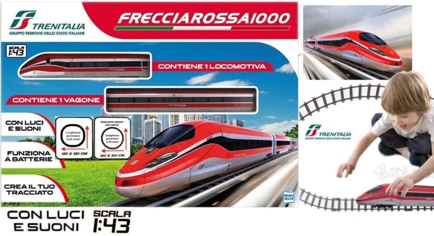 Pista Trenitalia Frecciarossa 1000 Scala 1:43 con luci e Suoni - Treno Giocattolo 2 locomotive 2 vagoni e 3 tracciati binari- Funzionamento a Batteria - idea regalo
