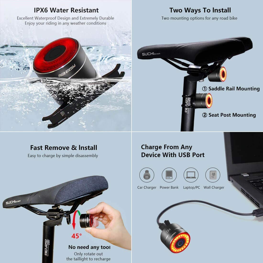 Monkey Home Smart Fahrrad Rücklicht, Auto On/Off Fahrrad Taschenlampe, Auto Lichtsensor USB Akku, LED Fahrradlichter für Kinder und Erwachsene （EU-Patente）