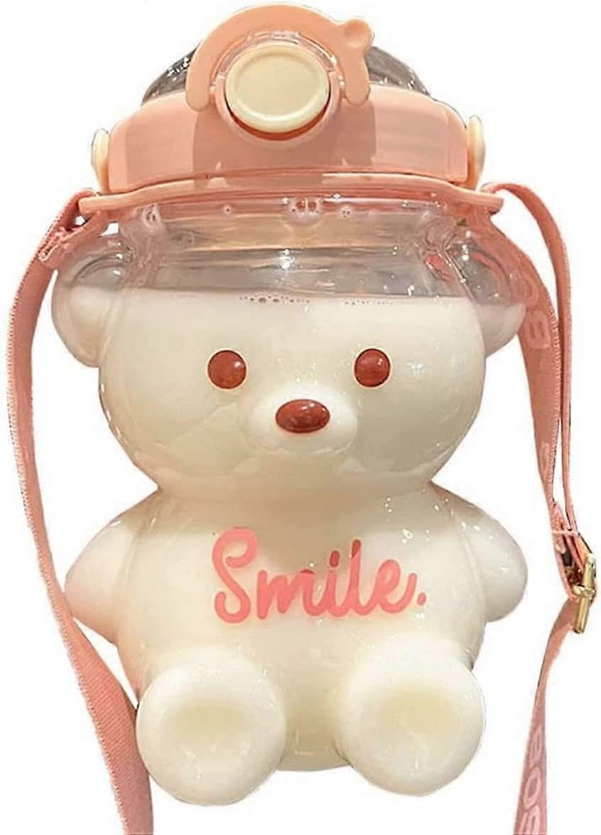 JOYHAPPST AOOPOO 1000ml Kawaii Bear Water Bottle with Straw and Strap Portable Cartoon Cute Kids Drinking Bottle Juice Tea Water Cups for Outdoor Sport Travel (