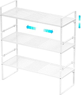 Redrubbit Large Expandable Cabinet Storage Shelf, Adjustable Height Steel Metal Kitchen Counter Organizers Shelves Spice Rack for Kitchen Pantry Bathroom Cupboard Desk Home Office, White-3 Pack