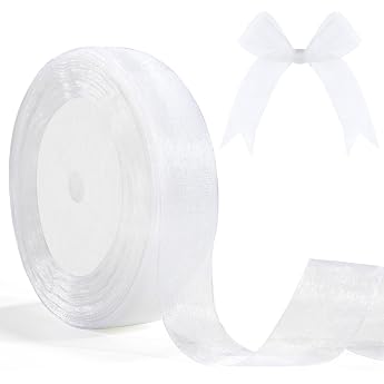 White Organza Gift Ribbon 25mm 46m Gift Wrapping Ribbons White Tulle Gift Ribbons White Ribbons for Crafts for Mother's Day Gift Decoration for Wedding Christening Birthday Wreaths Christmas