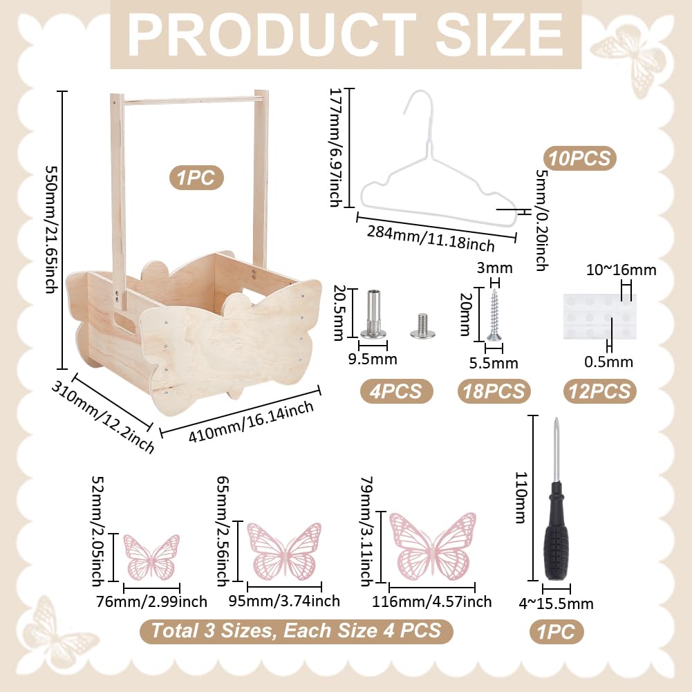 UNICRAFTALE Cadeau De Bienvenue Bébé Crate en Bois pour Organisateur De Garde Robe Bébé Papillon avec Panier De Stockage Bébé Et Cintres Cadeau De Grossesse pour Nouveaux Parents 41x31x55cm