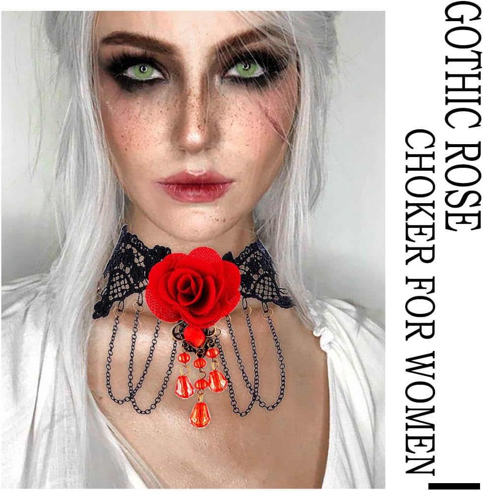 Gothic Black Choker Necklace Lace Collar Necklace Red Rose Necklace Halloween Chokers for Women - Image 4