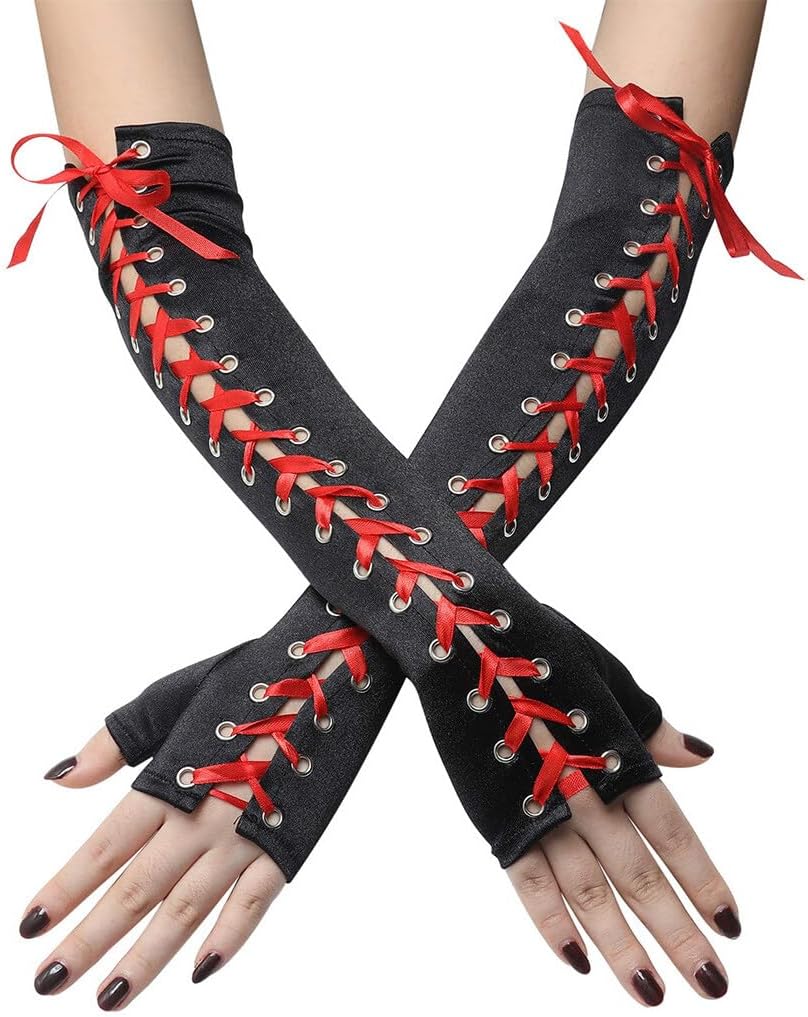 FEOYA Gothic Fingerless Gloves Steampunk Lace Up Arm Sleeves Long Elbow Arm Warmer for Cosplay Party
