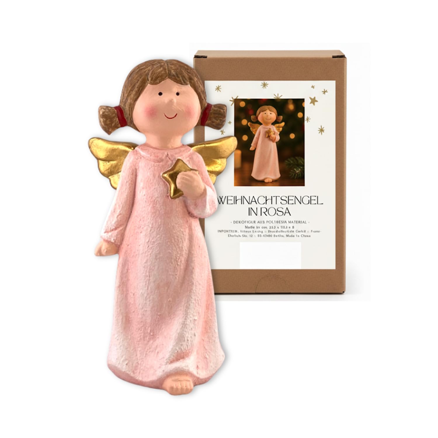 Ángel Lilly rosa de poliresina pintada a mano con estrella dorada, decoración de Navidad de 21,5 cm