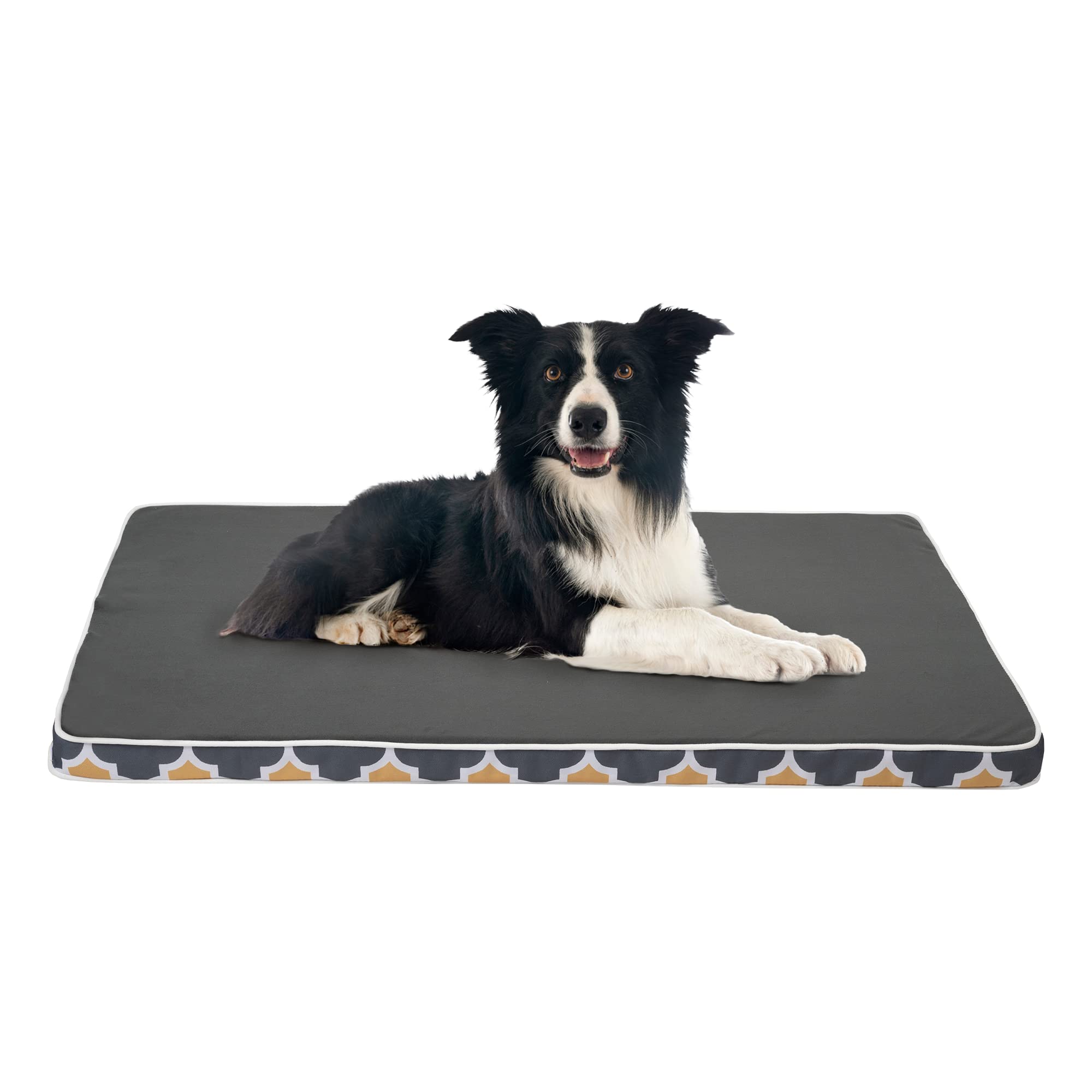 Dog Bed Mattress Pad with Foam Cushion Large, Water-Resistant Washable Removable Cover, and Orthopedic Hip and Joint Support, Flat Crate, Kennel, or Standard Bedding, L, 90x60x5cm Marocco Mustard Grey