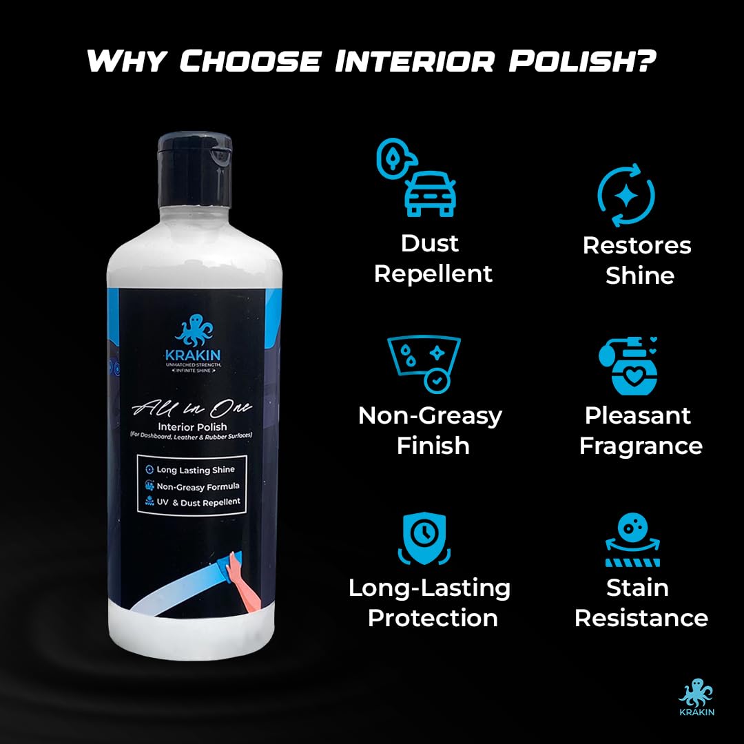 KRAKIN Car Interior Polish (200ml) | For Dashboard, Rubber, Leather & Plastic Parts | Gives New Like Gloss & Shine With Zero Dust Attraction & Long Lasting Effect - Image 4 thumbnail