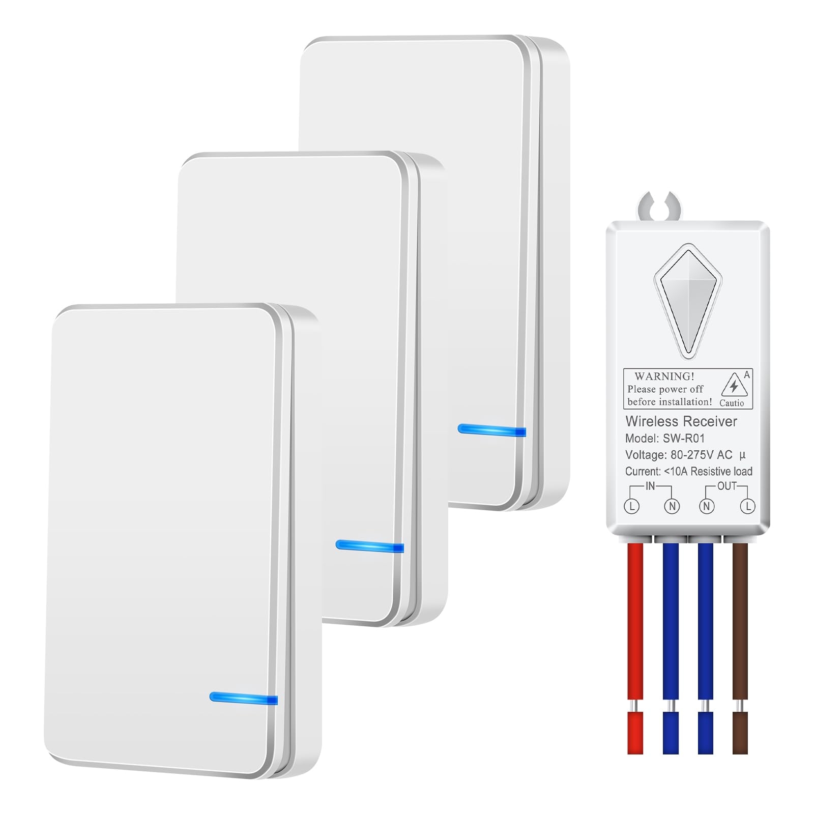 NineLeaf - Kit de interruptor inalámbrico portátil para lámparas LED con mando a distancia Receptor inalámbrico sin cableado No requiere batería, fácil de instalar (3 interruptor 1 receptor)