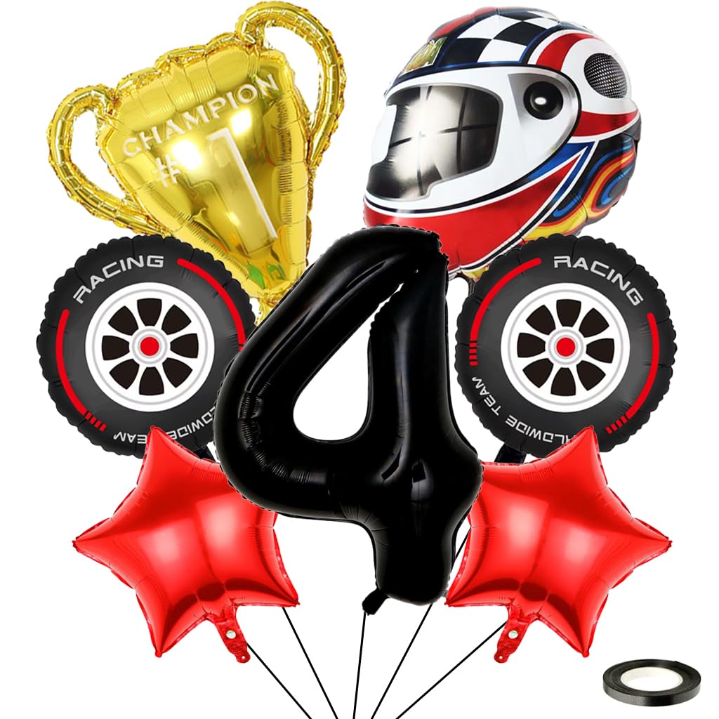 Kawailay 4 Year Racing Car Birthday Balloons 4th Racing Car Birthday Decoration Racing 4th Birthday Decoration Balloons Trophies Helmet Tyre Foil Balloon Black Number 4 Balloon for Boy Birthday Party