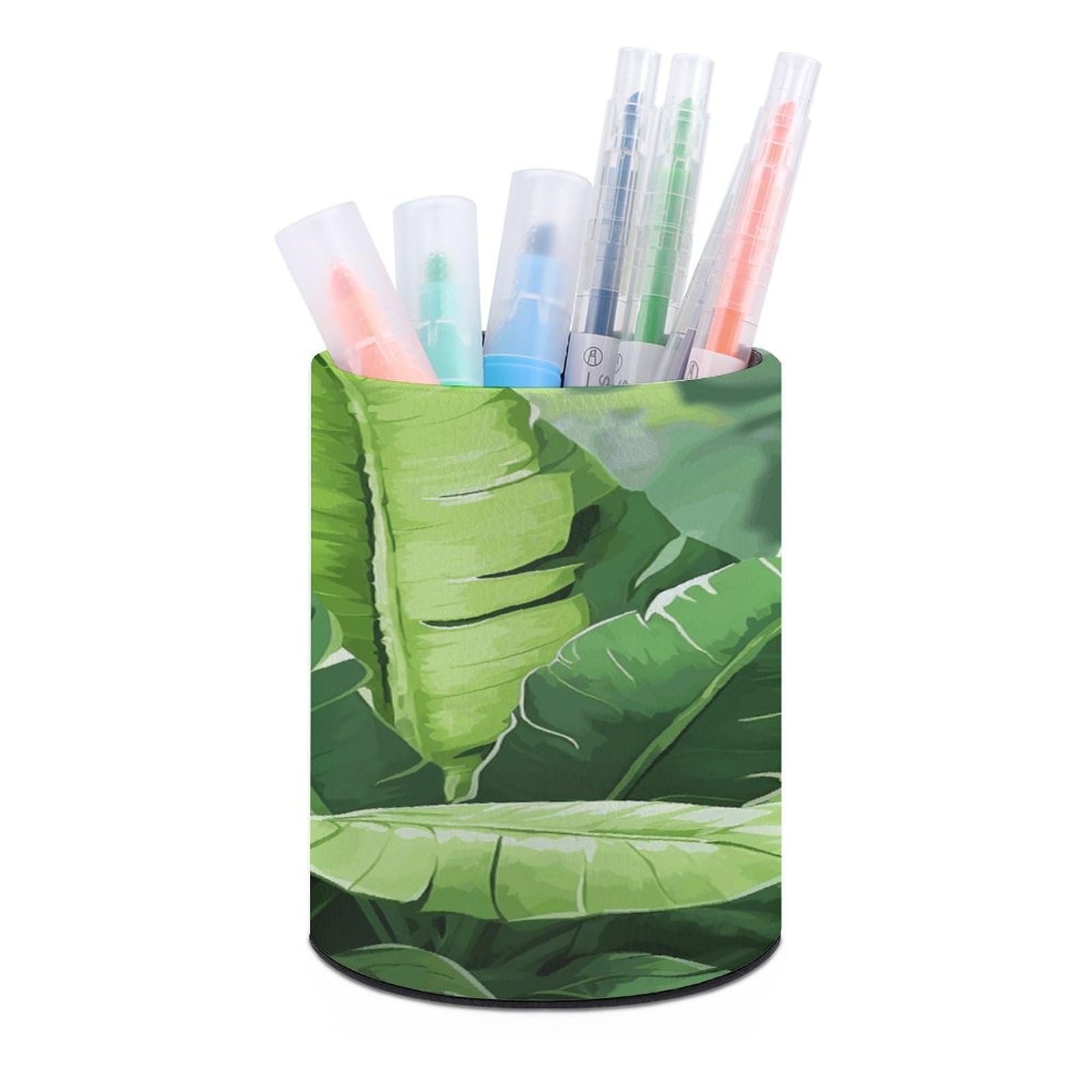 FekiLoot PU Leather Round Pen Holder Cute Banana Leaves Pencil Holder Desk Organizer Pen Organizer Pen Cup Pencil Cup Caddy Desktop Stationery Organizers for Office Home Supplies