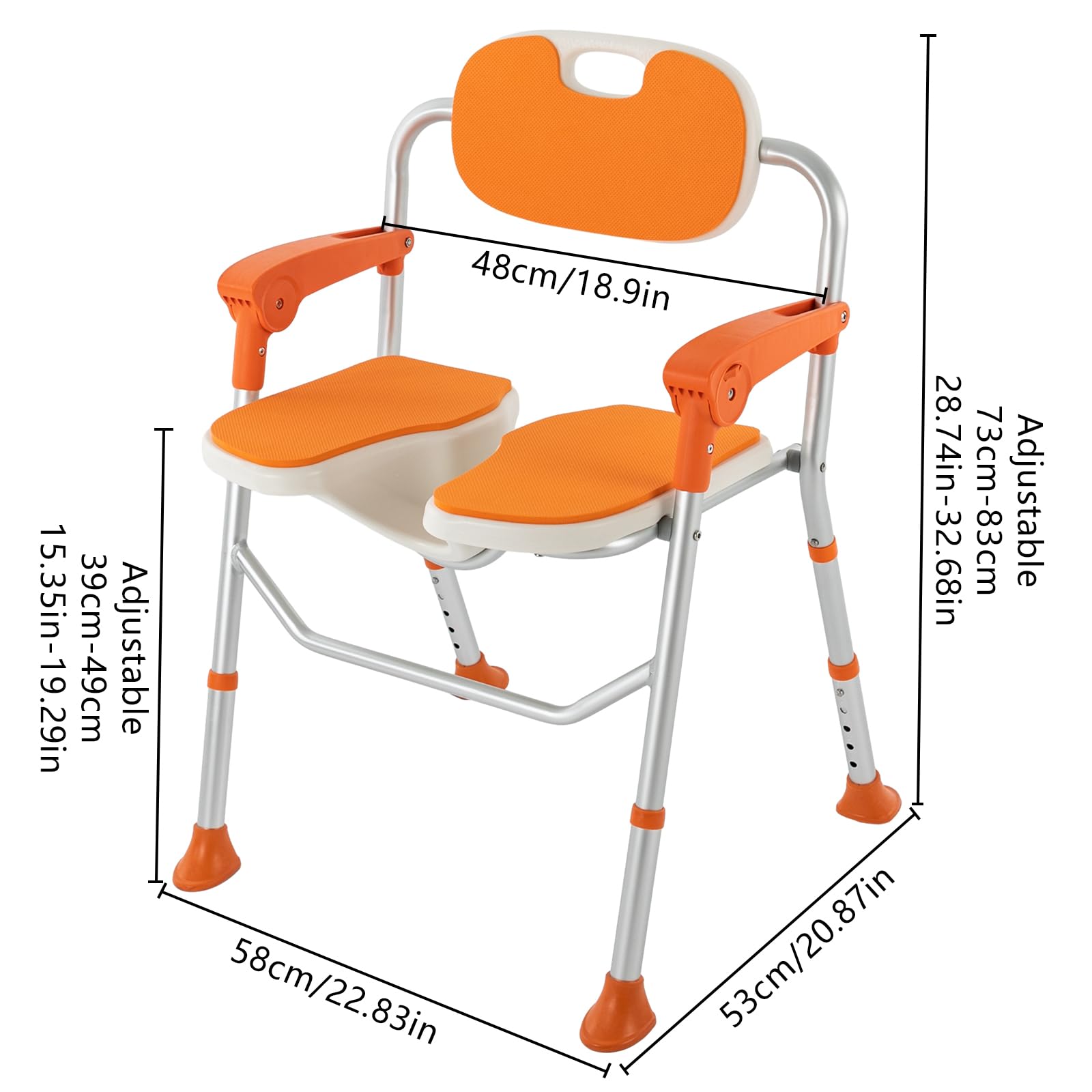 Silla de ducha regulable en altura, con respaldo, reposabrazos que soporta hasta 150 kg, con almohadillas antideslizantes para los pies, altura regulable 39-49 cm, silla de baño extraíble