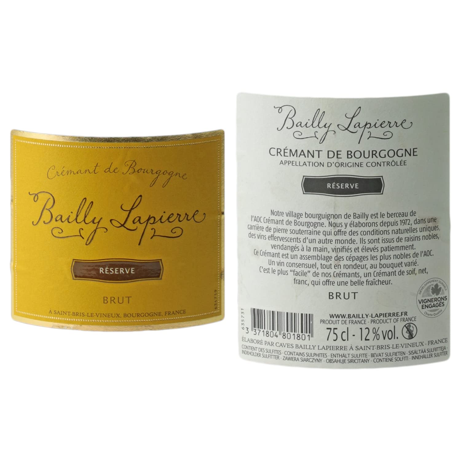 Crémant de Bourgogne Brut Réserve - Blanc - Bailly Lapierre - Vin Blanc de Bourgogne (6x75cl) Effervescent