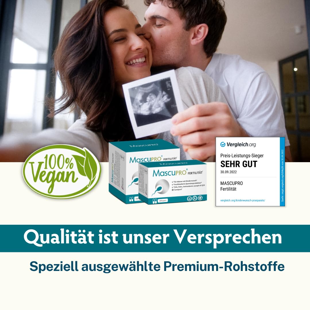 MascuPRO Fertilität | 18 Inhaltsstoffe | Fruchtbarkeit + Spermien | 60 vegane Kapseln | Zink, Selen, L-Carnitin, L- Arginin | Kinderwunsch Tabletten