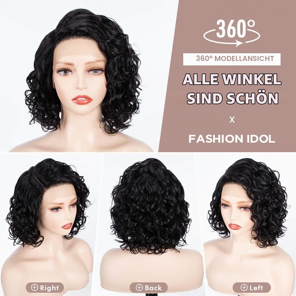 FASHION IDOL Kurz Tief Gewellt Spitzenfront Bob-Perücken für Frauen Echthaar Verworrene Lockige Perücke Seitenteil Schulterlange Perücke Vorgezupft Mit Babyhaar 150% Dichte