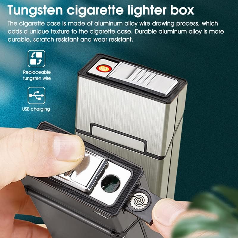 Image of GUSTAVE Brushed Aluminum Cigarette Case with USB Electric Lighter, Portable Cigarette Box for Whole Package 20pcs Cigarettes, Flameless Lighter, Moisture-Proof and Scratch(Golden)