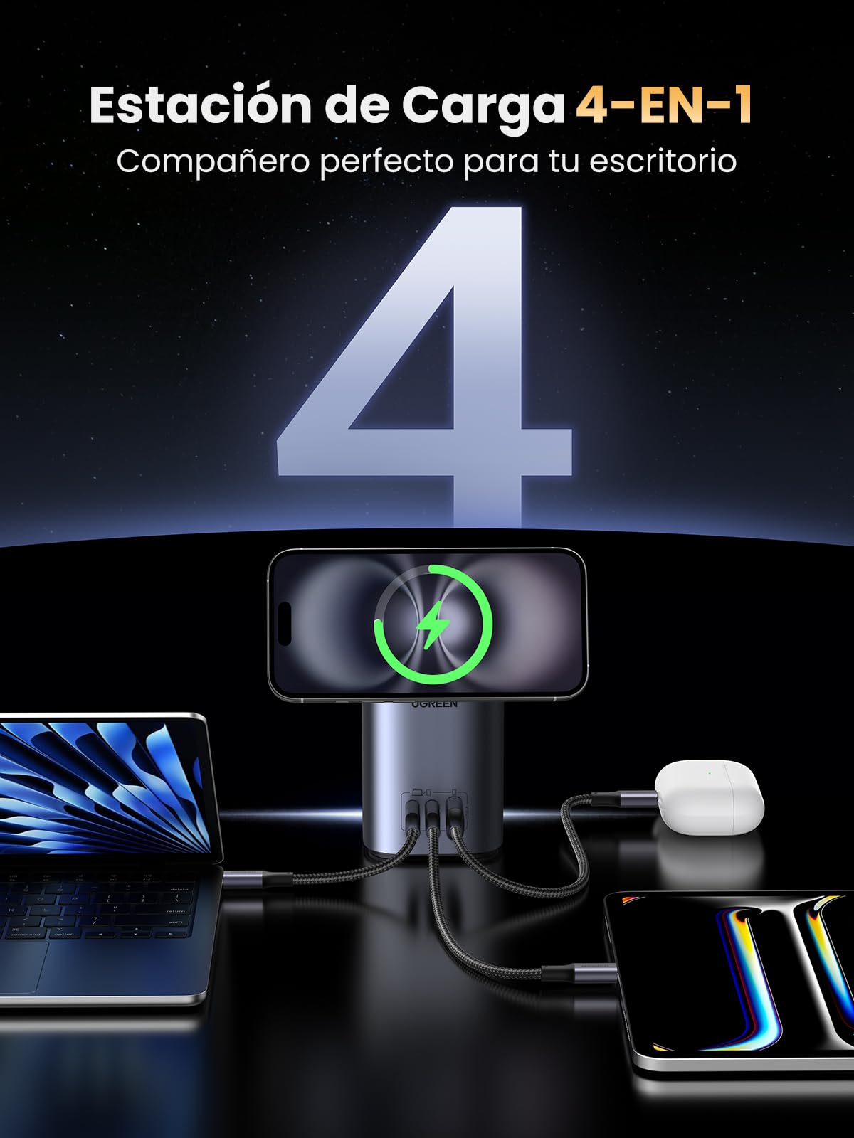 UGREEN Nexode 65W Cargador USB C con Carga Inalambrica Qi2 de 15W Adaptador | Compatible con MagSafe iPhone 17 Pro MAX Air 16 15 14 13 Galaxy S26 25 24 iPad MacBook