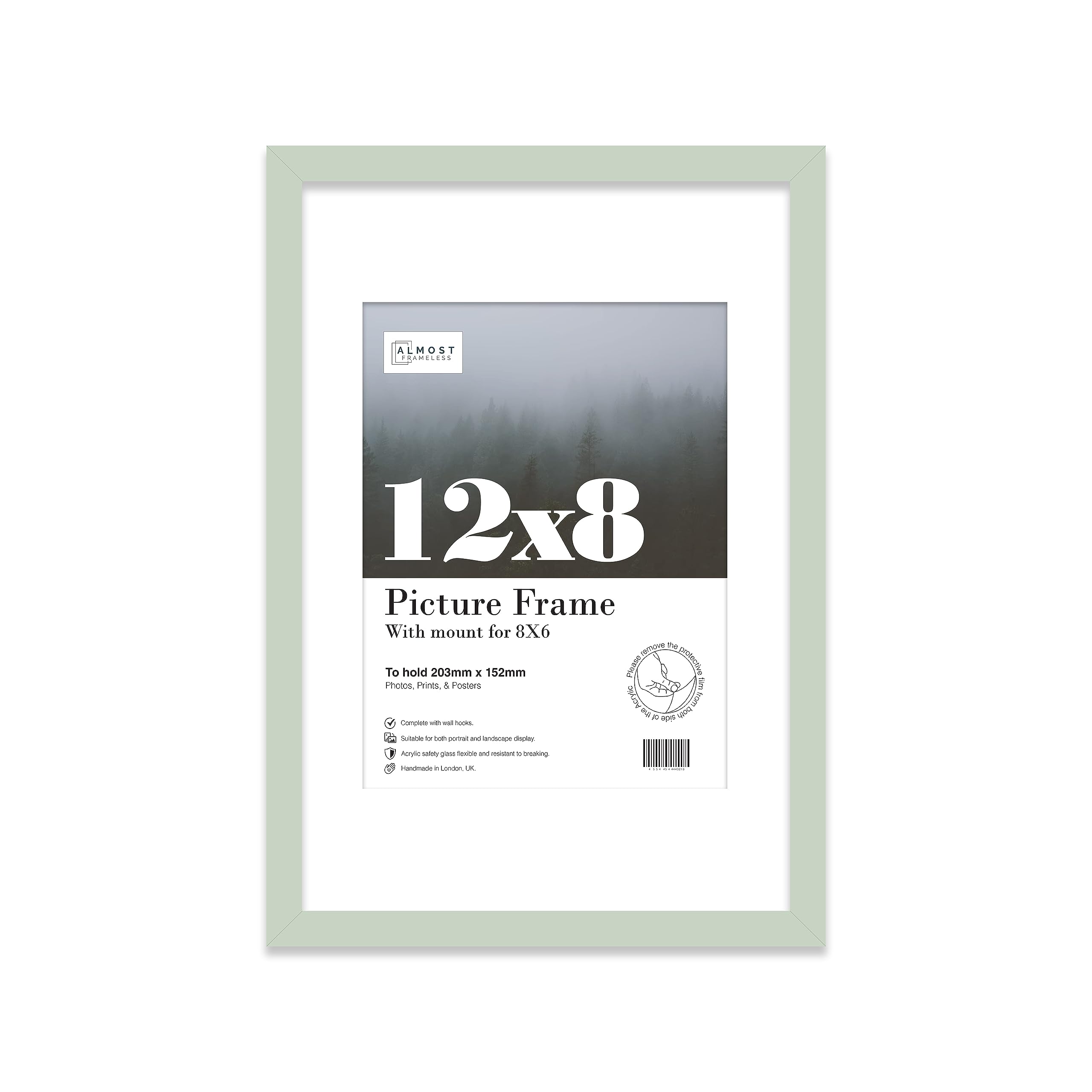 Almost Frameless 12x8 Mint Picture Frame With Mount for 8x6 Print, Poster or Photo Poster, Photo, Artwork, or Print. Thin Edge Slim Frame Portrait and Landscape Display with Wall Hooks