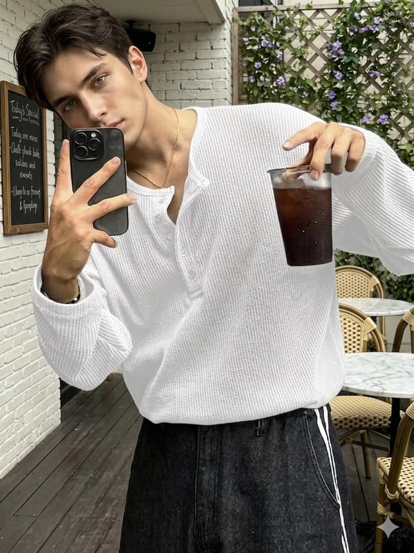 Image of Imsa Moda Men's Textured Fabric Half-Open Collar T-Shirt | Full Sleeve Casual T-Shirt for Men