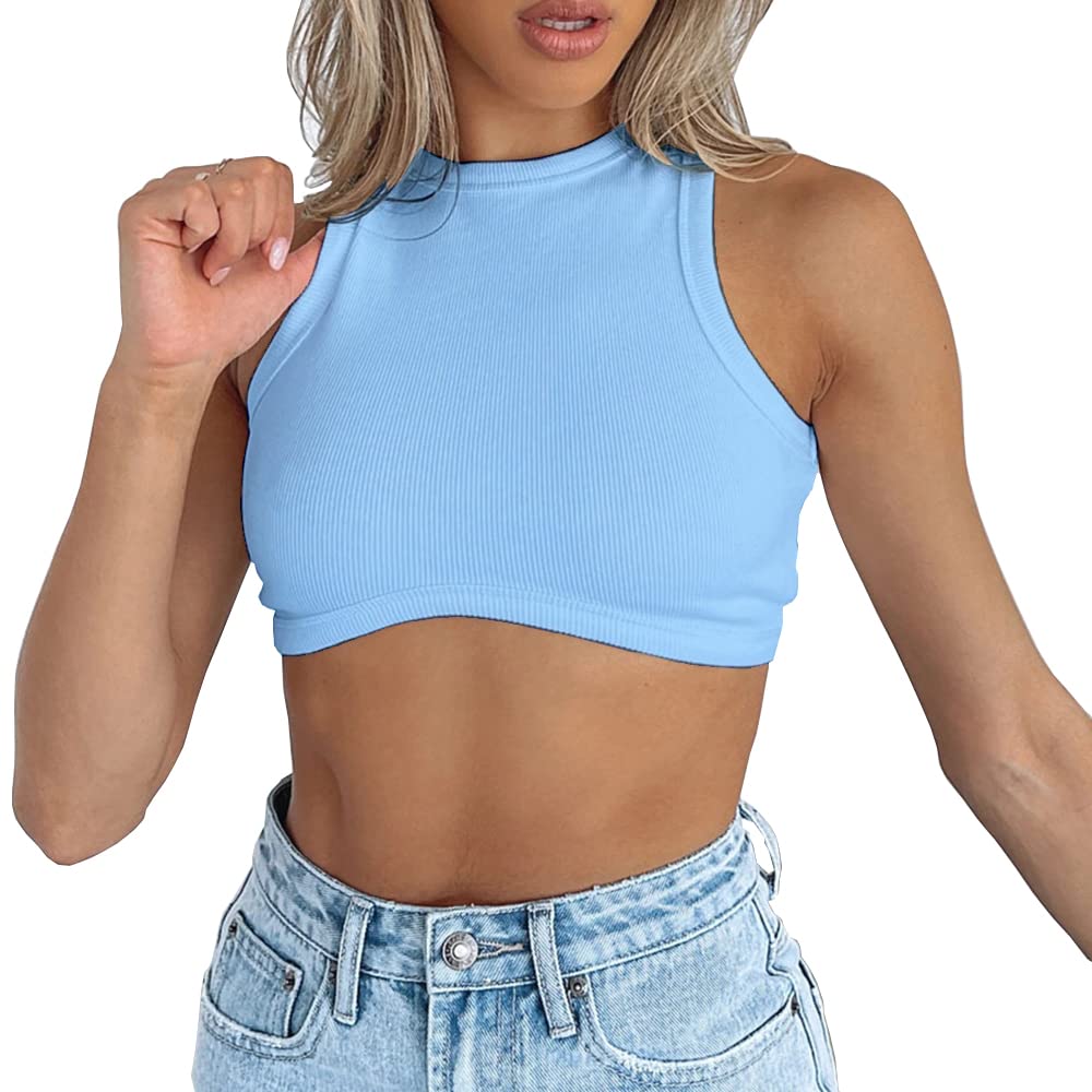 Abardsion Women's Crew Neck Racerback Knit Ribbed Basic Sleeveless Crop Tank Tops: Medium Light Blue