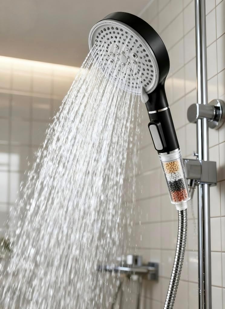 Water-Saving Shower Head Hand Shower Filter Mineral Stones and 5 Jet Types Pressure-Increasing Shower Head with 3-Layer Filtration and Additional Stones White Brushed Black