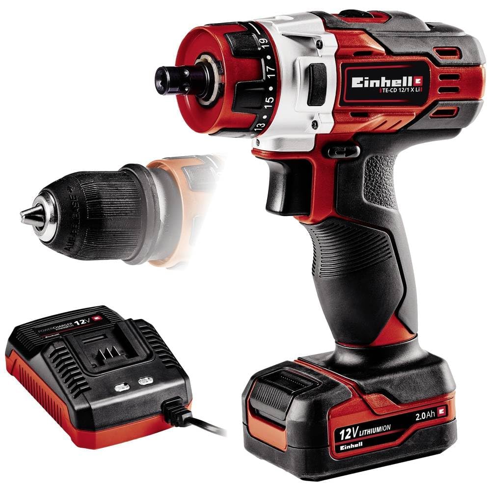 Einhell TE-CD 12/1 X-Li Battery Drill Driver (Li-Ion, 2-Speed Gearbox, Detachable Chuck, Speed Electronics, LED, Soft Grip, Incl. 2.0Ah Battery + 45min Charger)