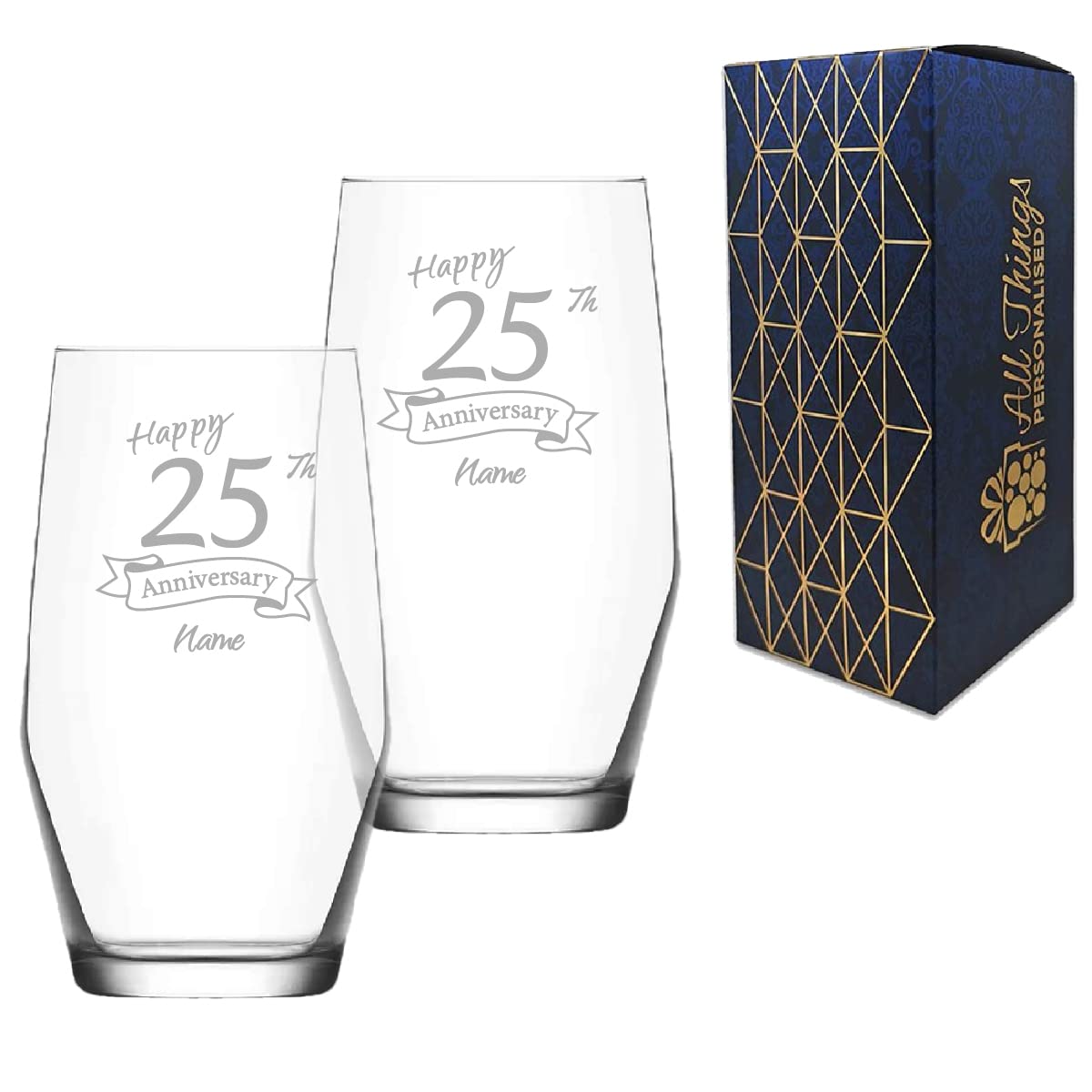 Personalised Engraved 25th Anniversary Glass Set of Two, Ella Highball 16.7oz Glass, Engraved in The UK, Personalise with Any Name, Thoughtful Customised Gift — image 1