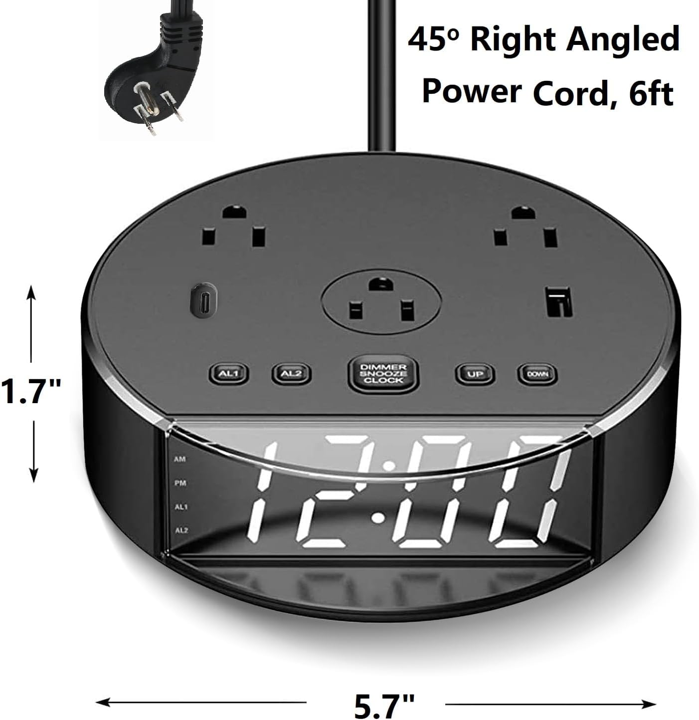 Alarm Clock with USB Charger and Outlets, Loud Alarm Clock for Heavy Sleepers, Kids & Teens, Digital Clock with Charging Station (BlackRound)