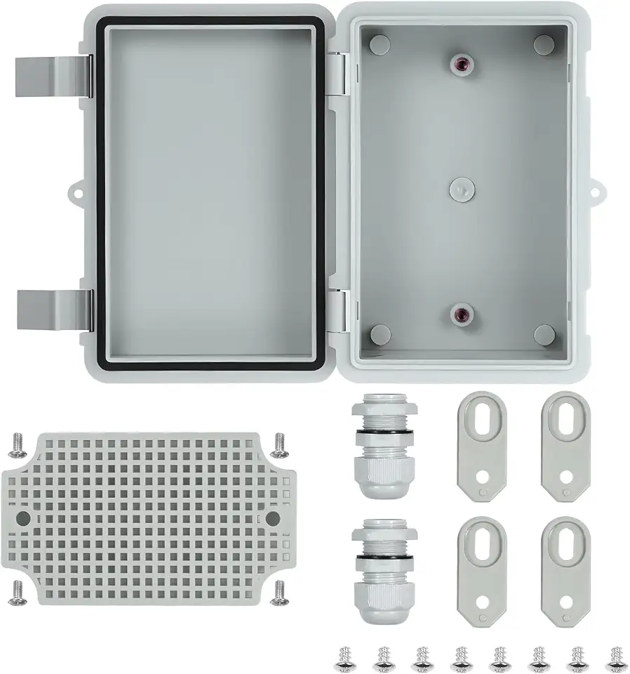 Caixa de junção elétrica externa à prova d'água IP65, caixa de projeto em plástico ABS espesso resistente às intempéries com 1 placa de montagem em grade, 2 prensa-cabos, 4 suportes de parede