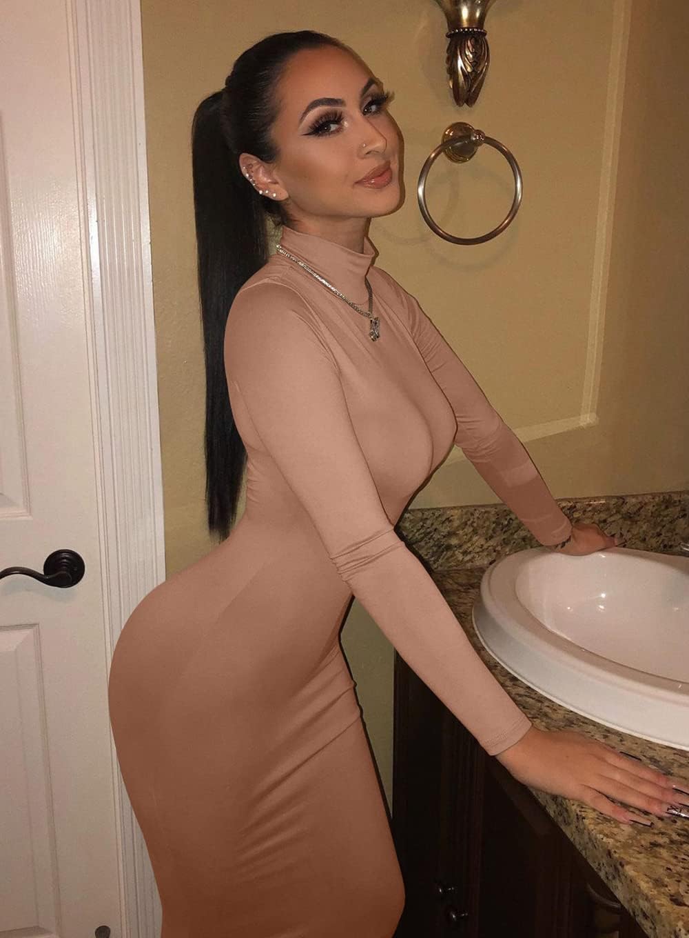 GOBLES Women's Elegant High Neck Long Sleeve Bodycon Midi Party Long Dress - Image 2