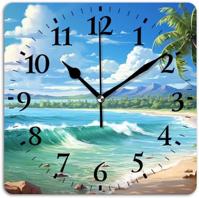Quartz Wall Clocks Non-Ticking Silent Battery Operated Modern Wall Clocks Decorative for Home,Bedroom-Beautiful Tropical Beach with Palm Trees and Waves(16inch)