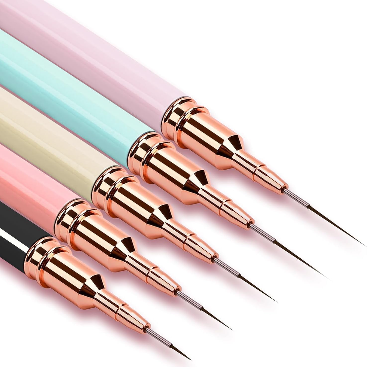 THR3E STROKES Nail Art Liner Brushes, 5Pcs Gel Polish Painting Art Design Pen Set Striping Brushes for Thin Long Lines, Tiny Details, Fine Drawing, Delicate Coloring Sizes 7/9/11/15/25mm (MIXED COLOR LINER BRUSH SET OF 5)-image-5