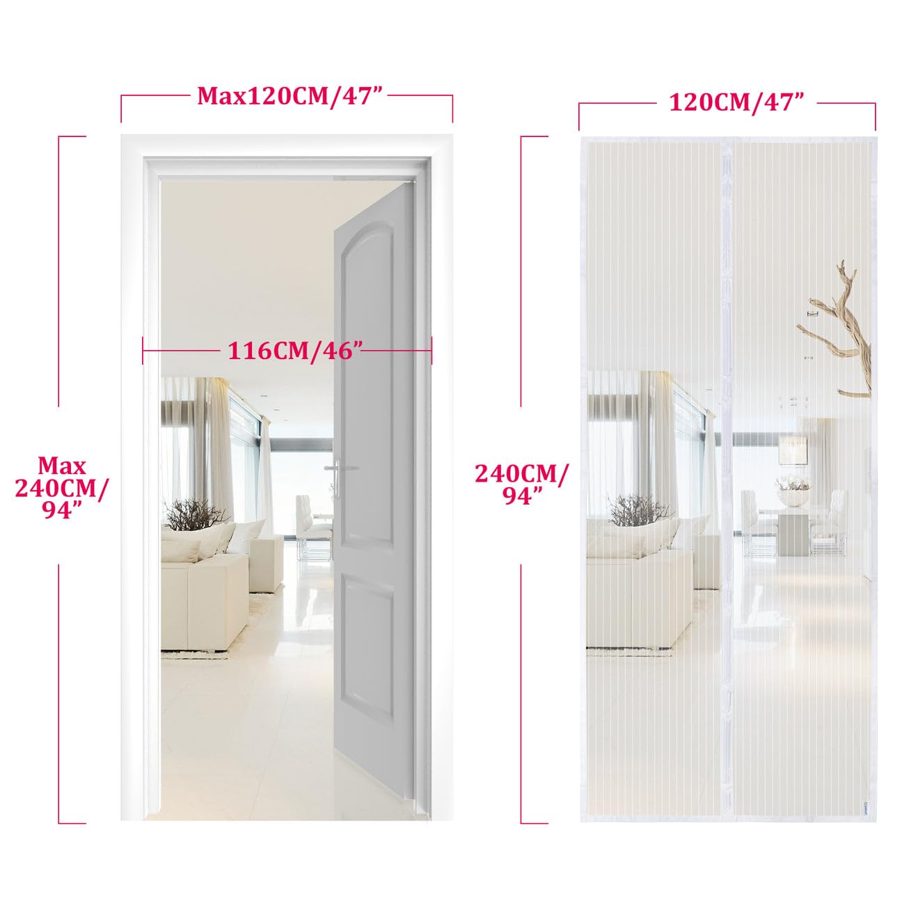 Apalus Zanzariera con Magneti per Porte, 120x240CM - Rete Fine, Tenda Totalmente Magnetica, si Chiude da Sola - Non Accorciabile (Bianco)