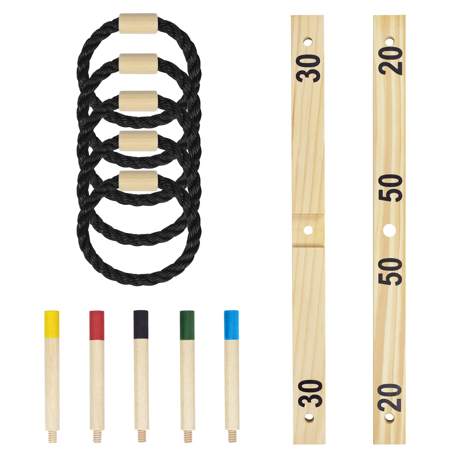 Jeu de lancer d'anneaux en bois avec 5 anneaux en nylon et 5 barres colorées, amusant pour enfants et adultes