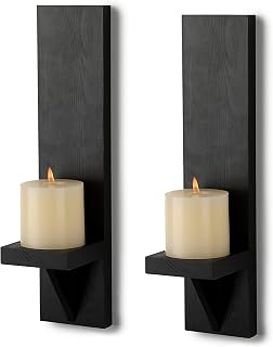 OwnMy Set of 2 Rustic Wooden Wall Candle Sconces - Farmhouse Black Vintage Hanging Pillar Holders for Living Room, Bedroom, Patio Decor