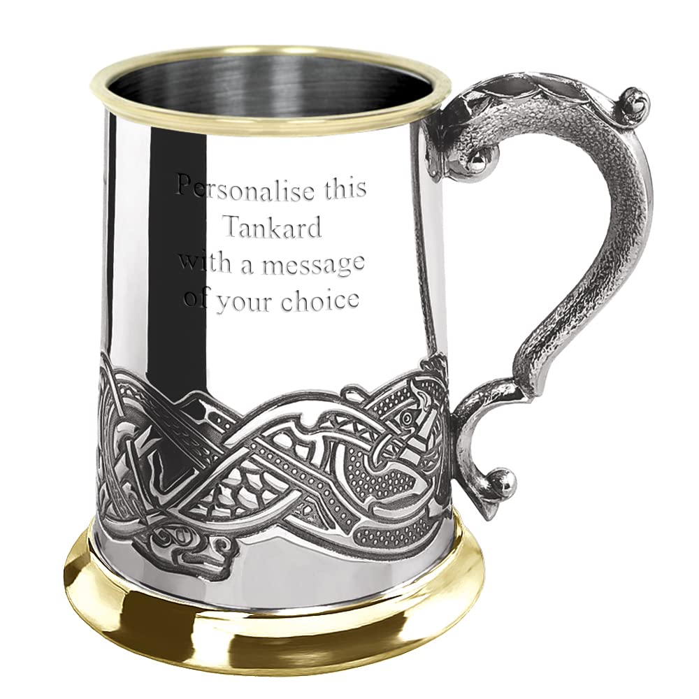 English Pewter Company 1 Pint Celtic Pewter Tankard with Brass Detail. Personalised with Engraving [EP151]