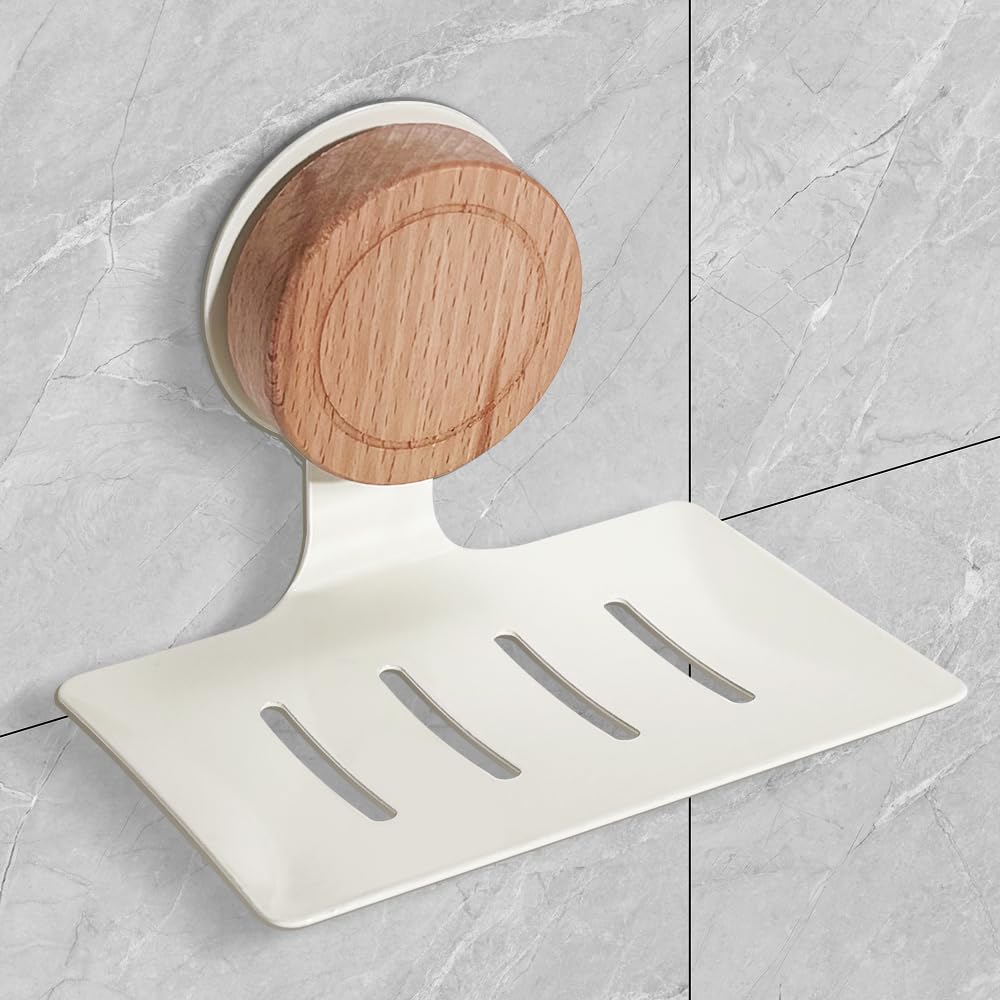 Cream White Suction Soap Dish for Shower, Oak Rotating Knob Wall Mounted Soap Holder with Anti-Mold & Self Draining, Drill-Free, Adhesive, Max Hold 5kg