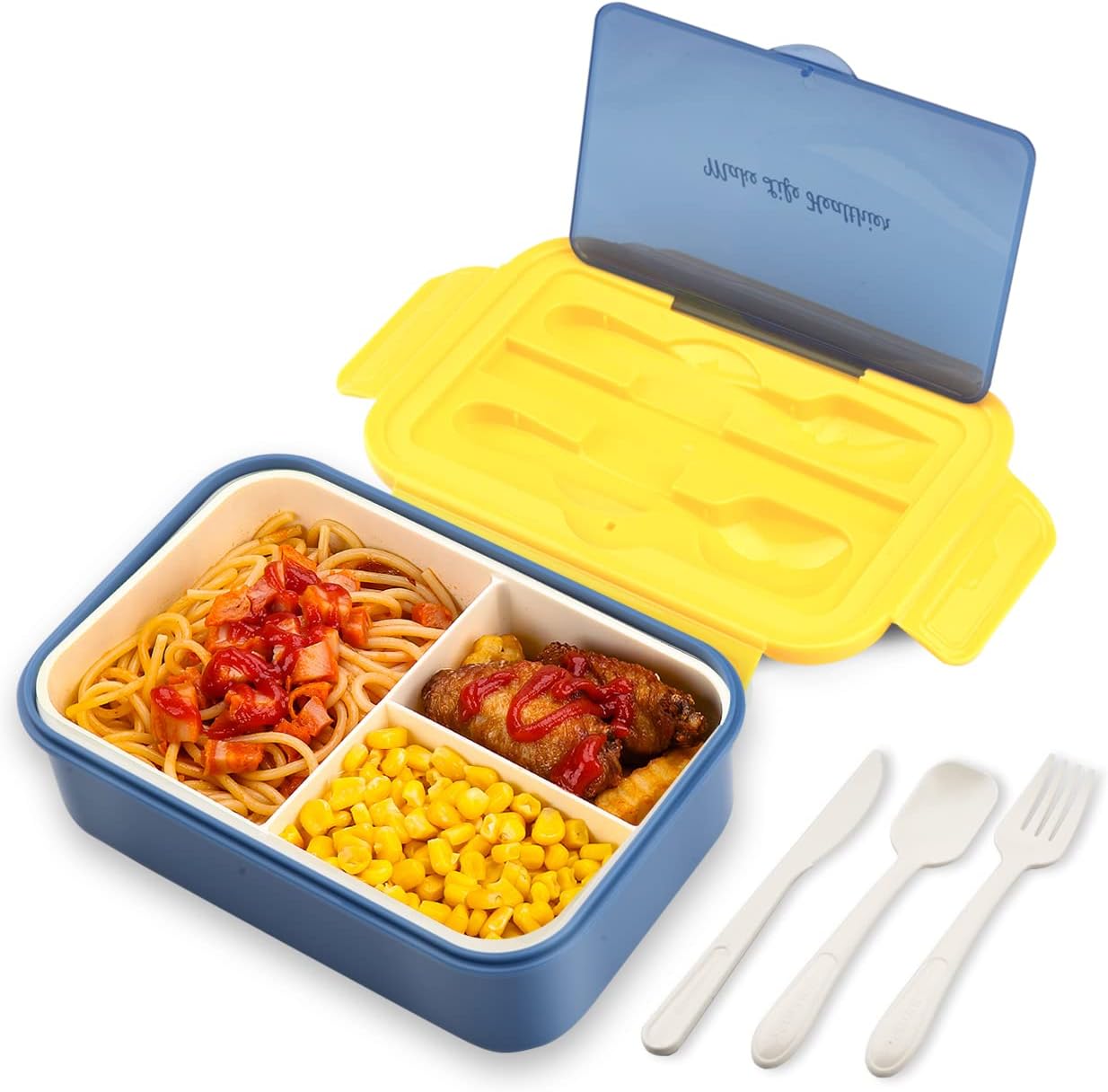 BIBURY Pudełko na lunch, Bento Box, pudełko śniadaniowe z 3 przegródkami i sztućcami, szczelne pudełko na lunch, do lodówki, nadaje się do zmywarki, nadaje się do kuchenki mikrofalowej, pudełka na