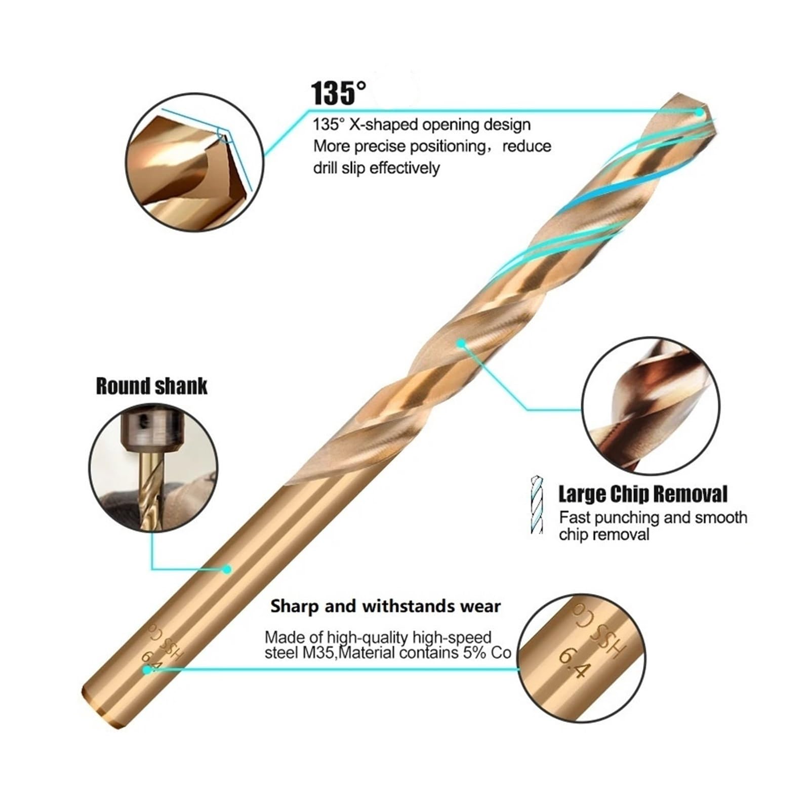 Broca helicoidal de acero de alta velocidad Industrial de cobalto M35, broca de perforación de 8mm a 20mm para acero inoxidable y Metal duro, 1 pieza(15.5mm)