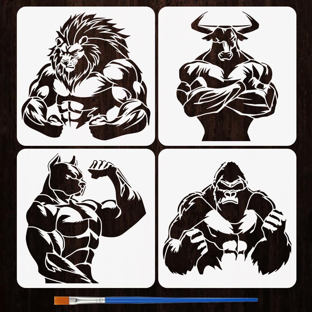 FINGERINSPIRE 4PCS Muscular Animal Stencils with a Brush 11.8x11.8inch Lion Bull Painting Stencil Gorilla Dog Drawing Template Fitness Theme Stencils for Wood Wall Fabric Fitness Enthusiasts