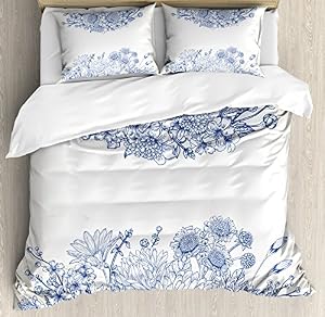 Image of Ambesonne Blue Duvet Cover Set, Floral Bouquet Corsage Carnations Chamomiles Bridal Wedding Anniversary Theme, Decorative 3 Piece Bedding Set with 2 Pillow Shams, King Size, White Blue