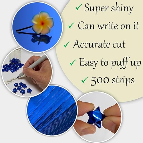 Vista 2 de 500-Strip Blue Foil Paper Strips for Making Origami Stars, Lucky Stars, Puff Stars, & Weaving Crafts. Reflective Mirror Shiny Paper Strips, 0.5 x 11