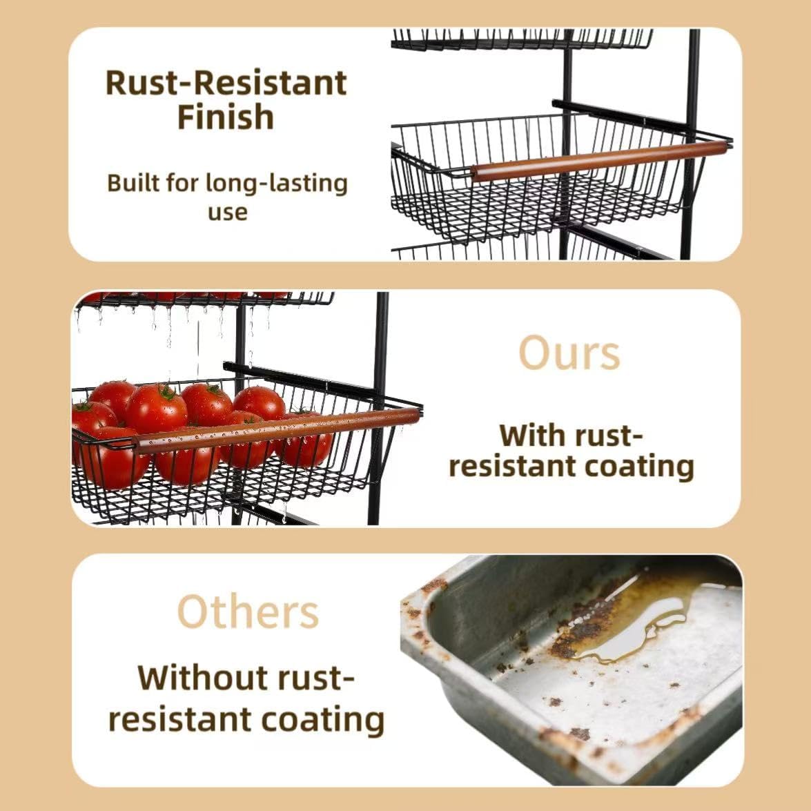 Fruit Vegetable Basket, 5 Tier Fruit Vegetable Storage with Wheels, Metal Rolling Pantry Storage Cart for Fruit Potato Onion Vegetable Bread Snack - Image 7