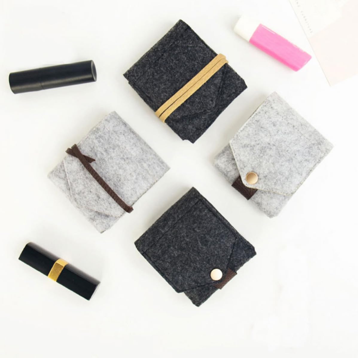Mini Portable Lipstick Storage Pouch Snap Button Case with Mirror, Felt image 3