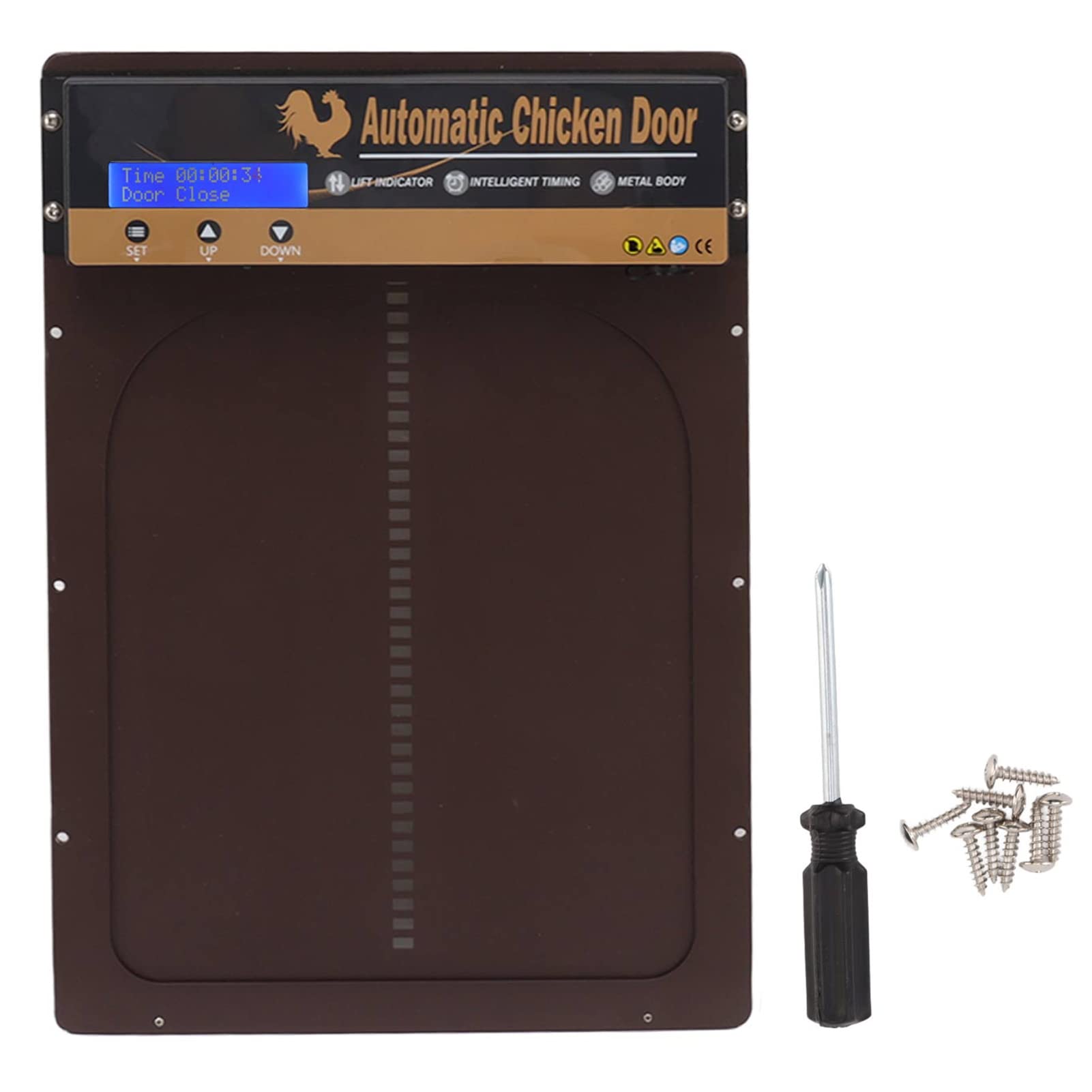 Porta Automatica per pollaio con Timer, Lega di Alluminio, LED, Display HD, Porta Automatica per polli alimentata a Batteria, per Fattoria (Marrone)