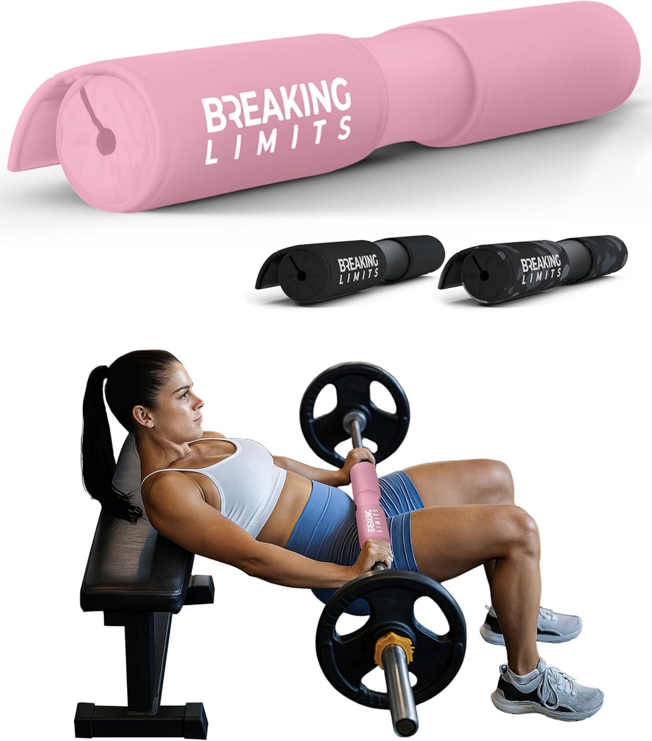 Breaking Limits Poduszka do sztangi na sztangę Hip Thrust, nakładka na sztangę, z zapięciem na rzepy, poduszka pod kark fitness do przysiadów
