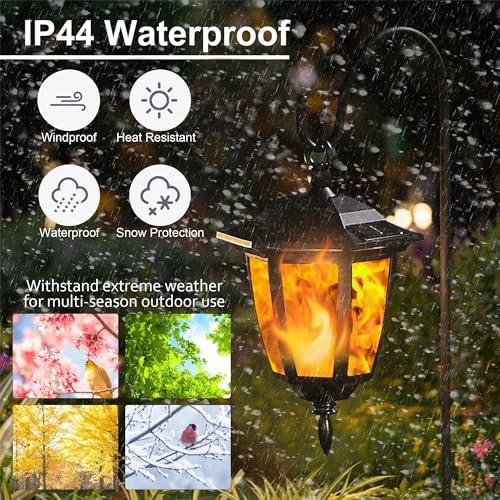 Dynaming 4 Pack Solar Flame Hanging Lights Outdoor, Halloween Solar Flickering Flame LED Garden Lanterns with 4 x 38 Inch Shepherd Hooks, Christmas Lighting for Lawn Patio Yard Pathway Driveway by Dynaming - Image 4