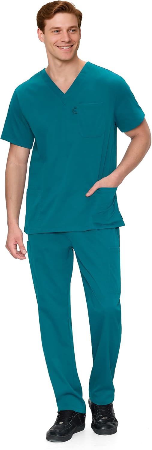 COZYFIT Scrubs for Men Set - V-Neck Scrub Top and Straight Leg Pants with 11 Pockets